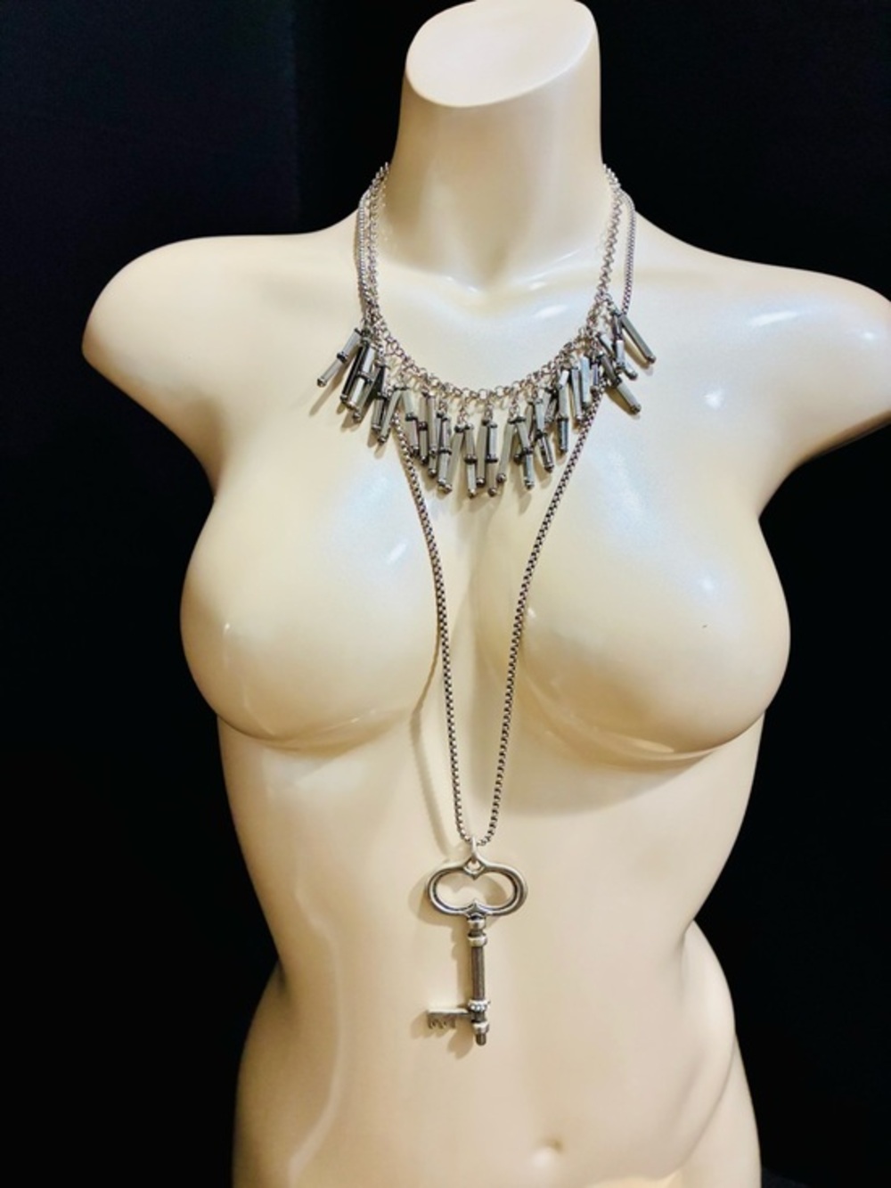 Chico's Silver-Tone Layered Fringe Necklace with Key Pendant LOT OF 2 EUC